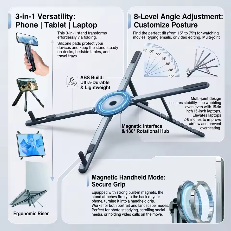 Laptop Office Accessories - Penyangga Ponsel Magnetik Portabel & Tongkat